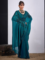 Classic Teal Satin Silk Saree Featuring Stone & Cut Dana Work With Sequin Applic Finish