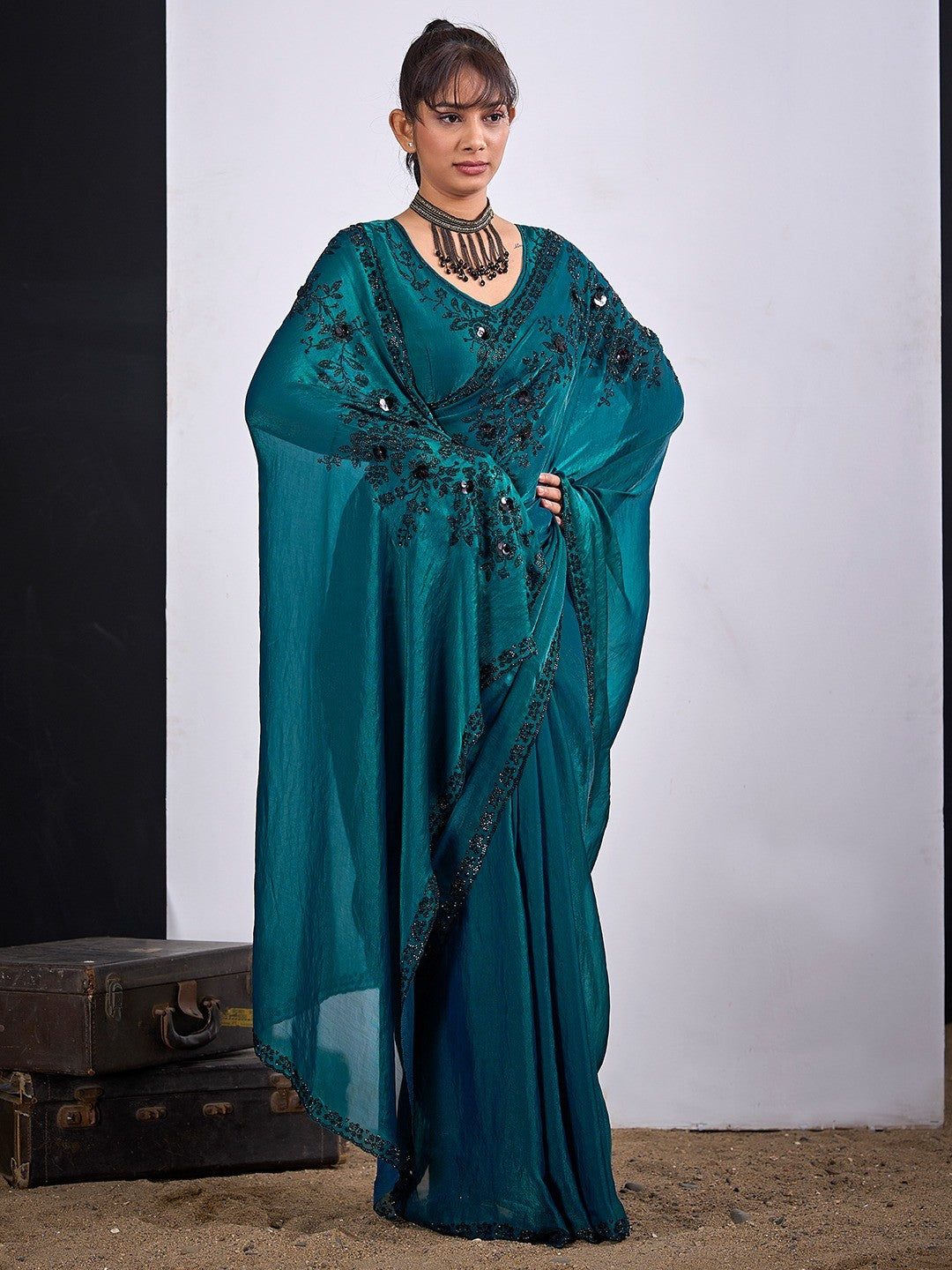 Classic Teal Satin Silk Saree Featuring Stone & Cut Dana Work With Sequin Applic Finish