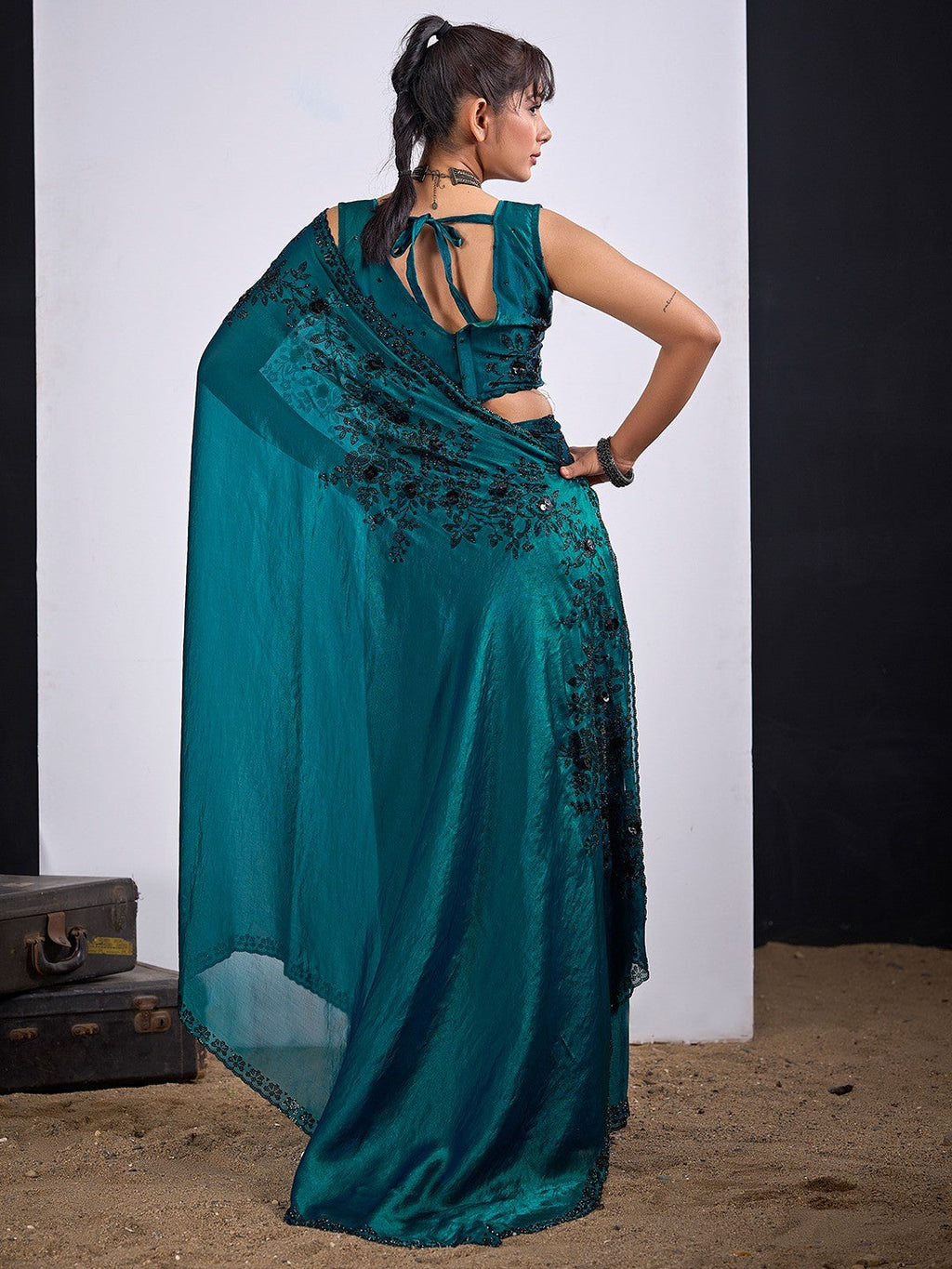Classic Teal Satin Silk Saree Featuring Stone & Cut Dana Work With Sequin Applic Finish