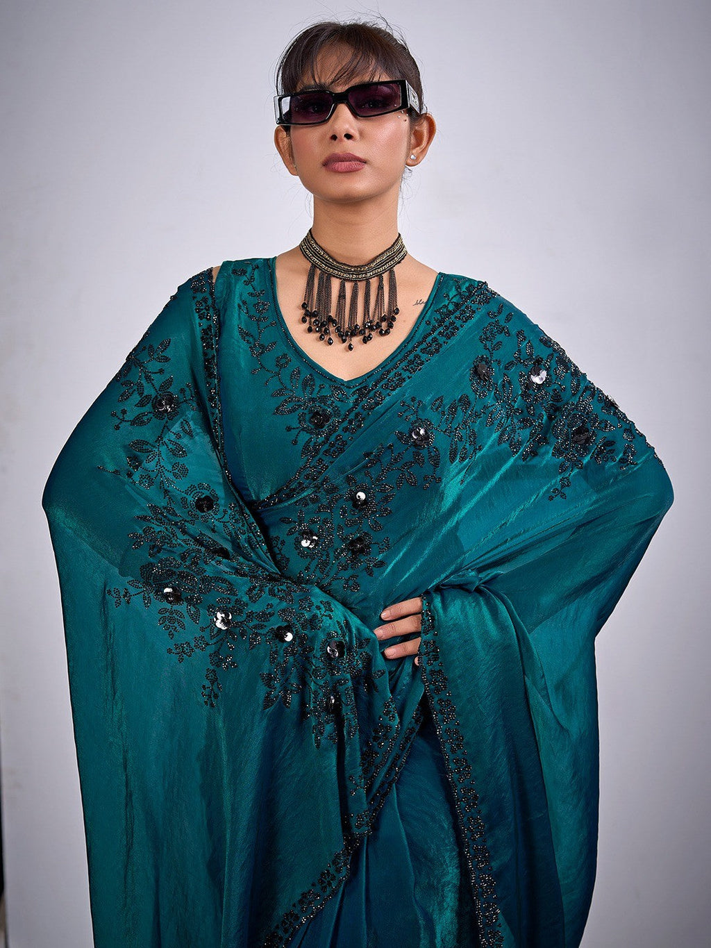 Classic Teal Satin Silk Saree Featuring Stone & Cut Dana Work With Sequin Applic Finish