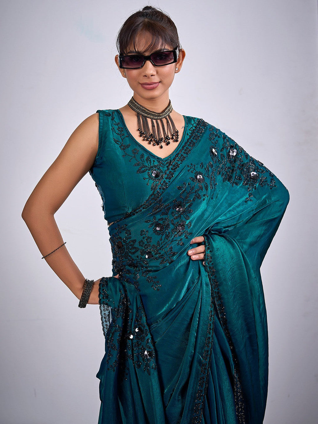 Classic Teal Satin Silk Saree Featuring Stone & Cut Dana Work With Sequin Applic Finish