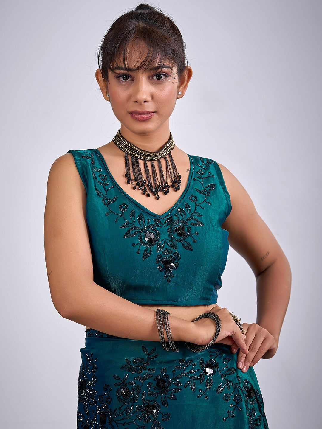 Classic Teal Satin Silk Saree Featuring Stone & Cut Dana Work With Sequin Applic Finish
