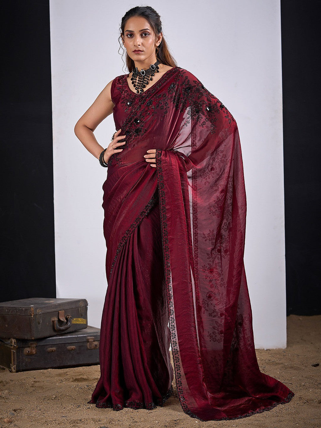 Classic Maroon Satin Silk Saree Featuring Stone & Cut Dana Work With Sequin Applic Finish