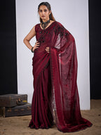 Classic Maroon Satin Silk Saree Featuring Stone & Cut Dana Work With Sequin Applic Finish