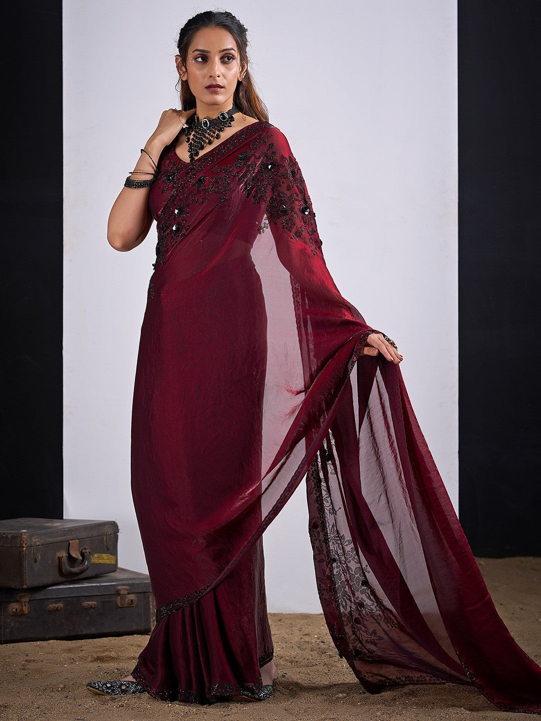 Classic Maroon Satin Silk Saree Featuring Stone & Cut Dana Work With Sequin Applic Finish