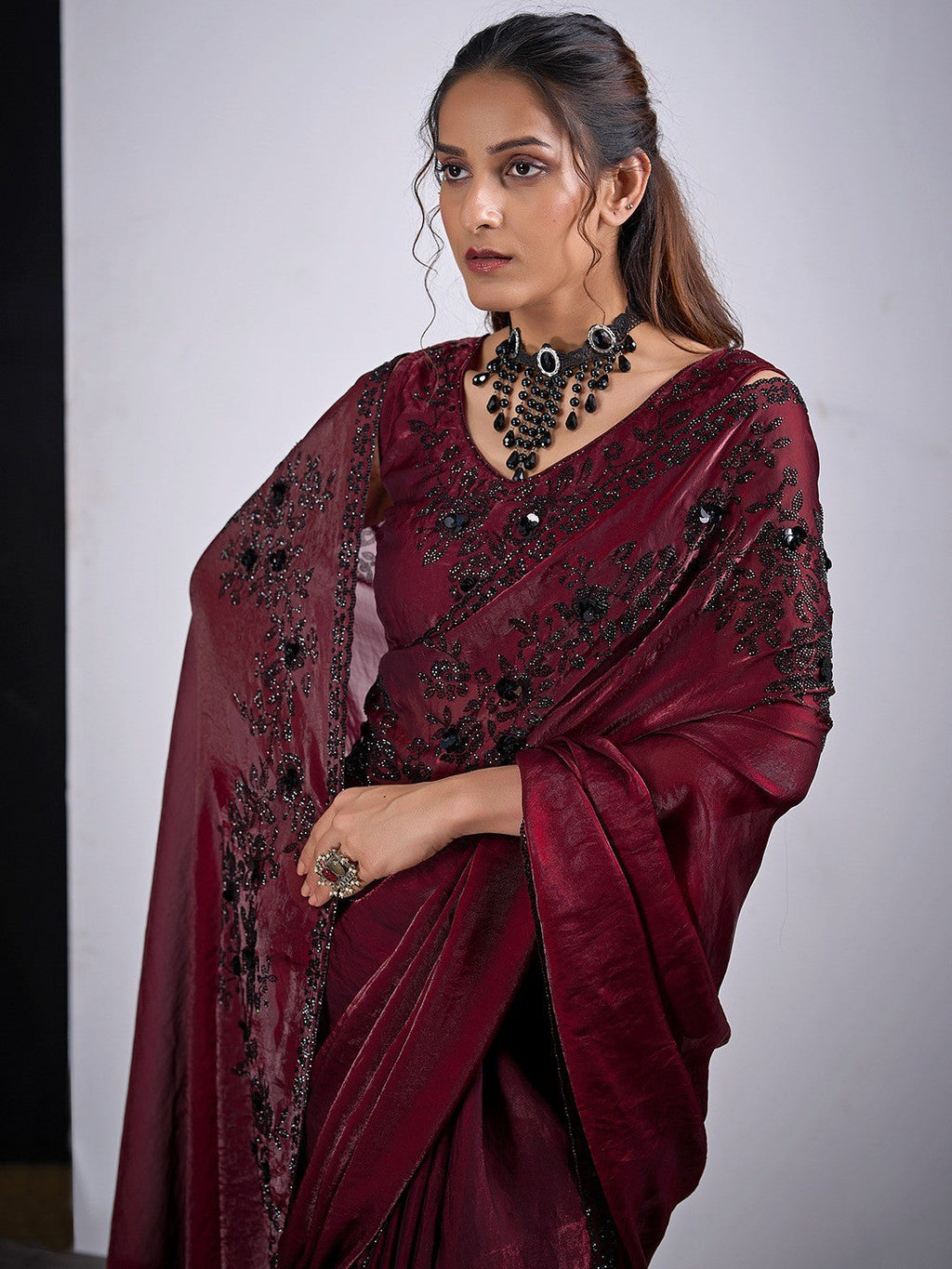Classic Maroon Satin Silk Saree Featuring Stone & Cut Dana Work With Sequin Applic Finish