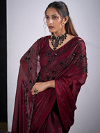 Classic Maroon Satin Silk Saree Featuring Stone & Cut Dana Work With Sequin Applic Finish