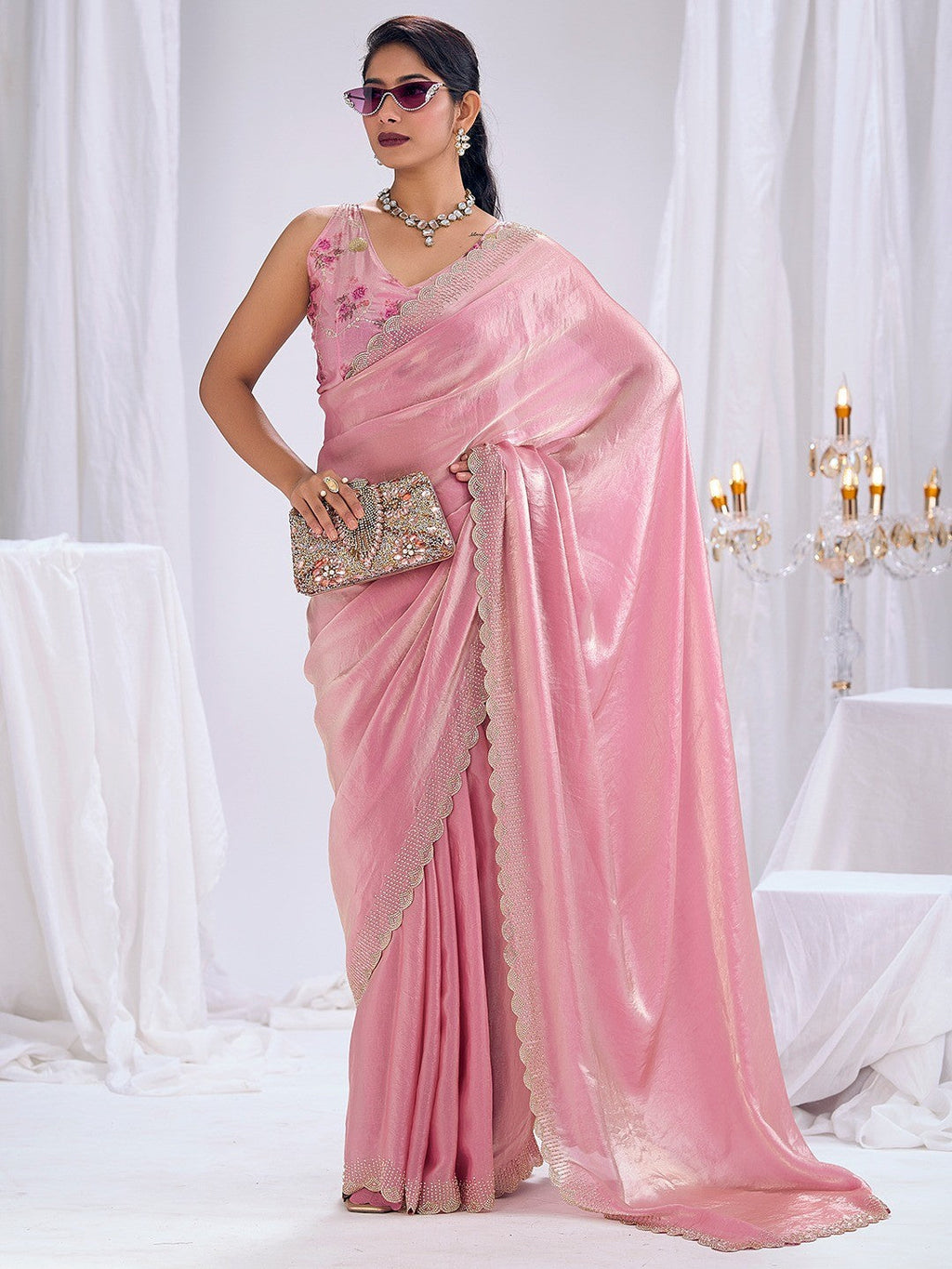 Premium Pink Art Silk Saree With Stone & Cutdhana Border Embellishment