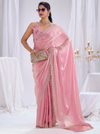 Premium Pink Art Silk Saree With Stone & Cutdhana Border Embellishment