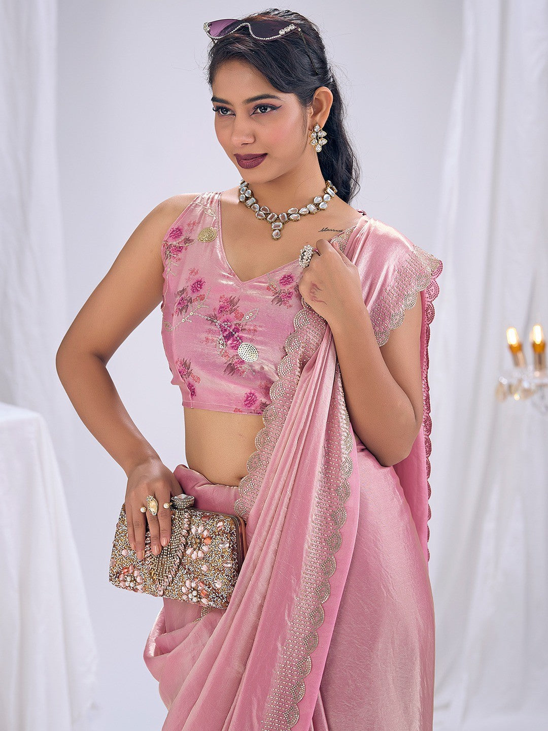 Premium Pink Art Silk Saree With Stone & Cutdhana Border Embellishment