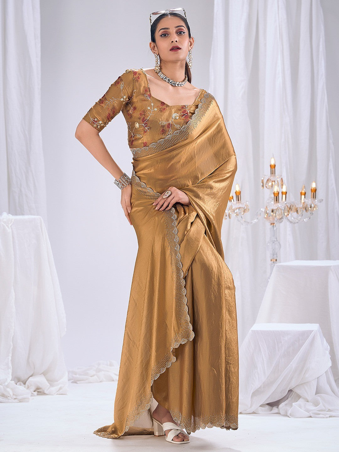 Premium Golden Art Silk Saree With Stone & Cutdhana Border Embellishment