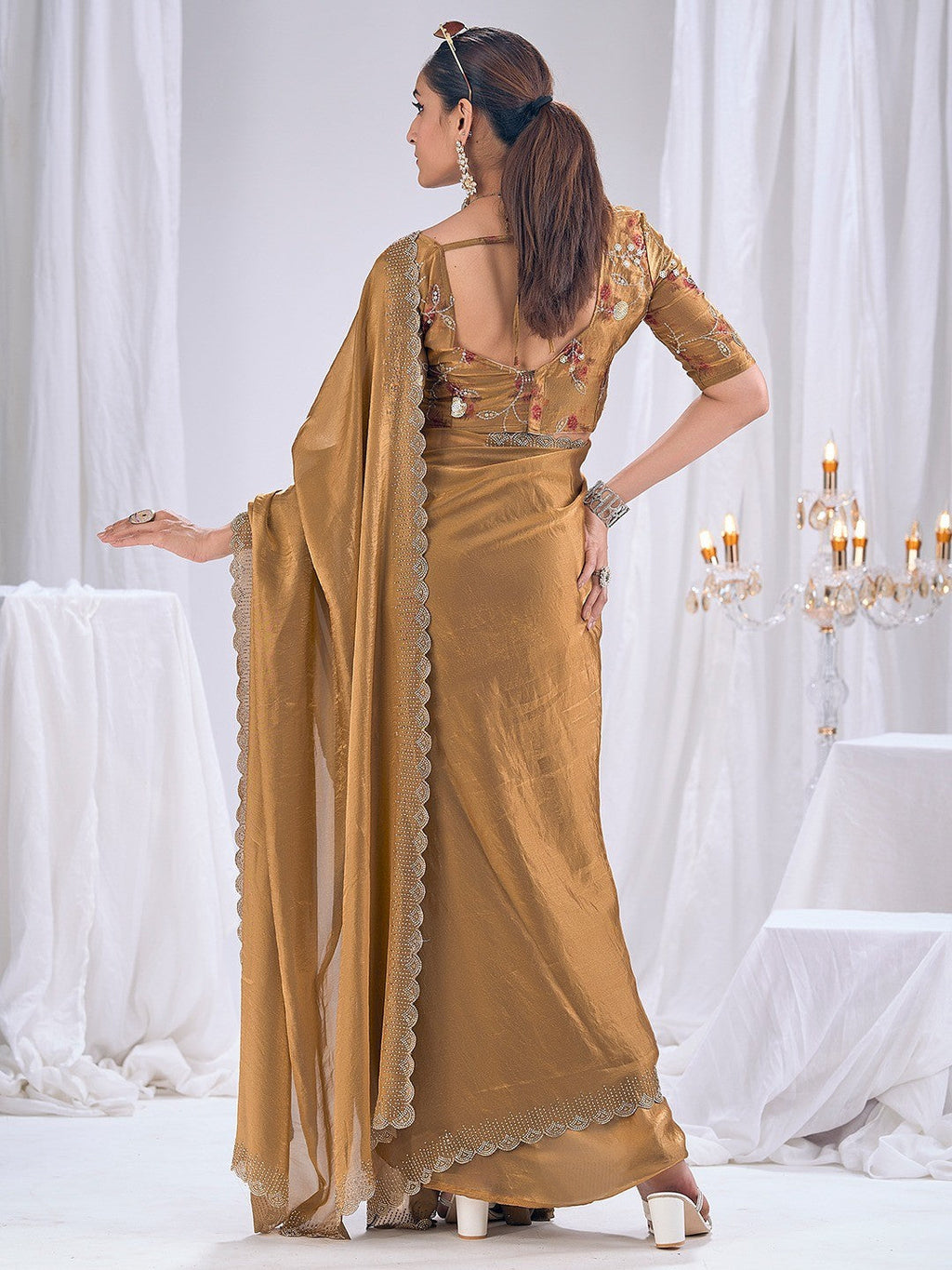 Premium Golden Art Silk Saree With Stone & Cutdhana Border Embellishment
