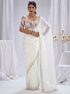 Premium White Art Silk Saree With Stone & Cutdhana Border Embellishment