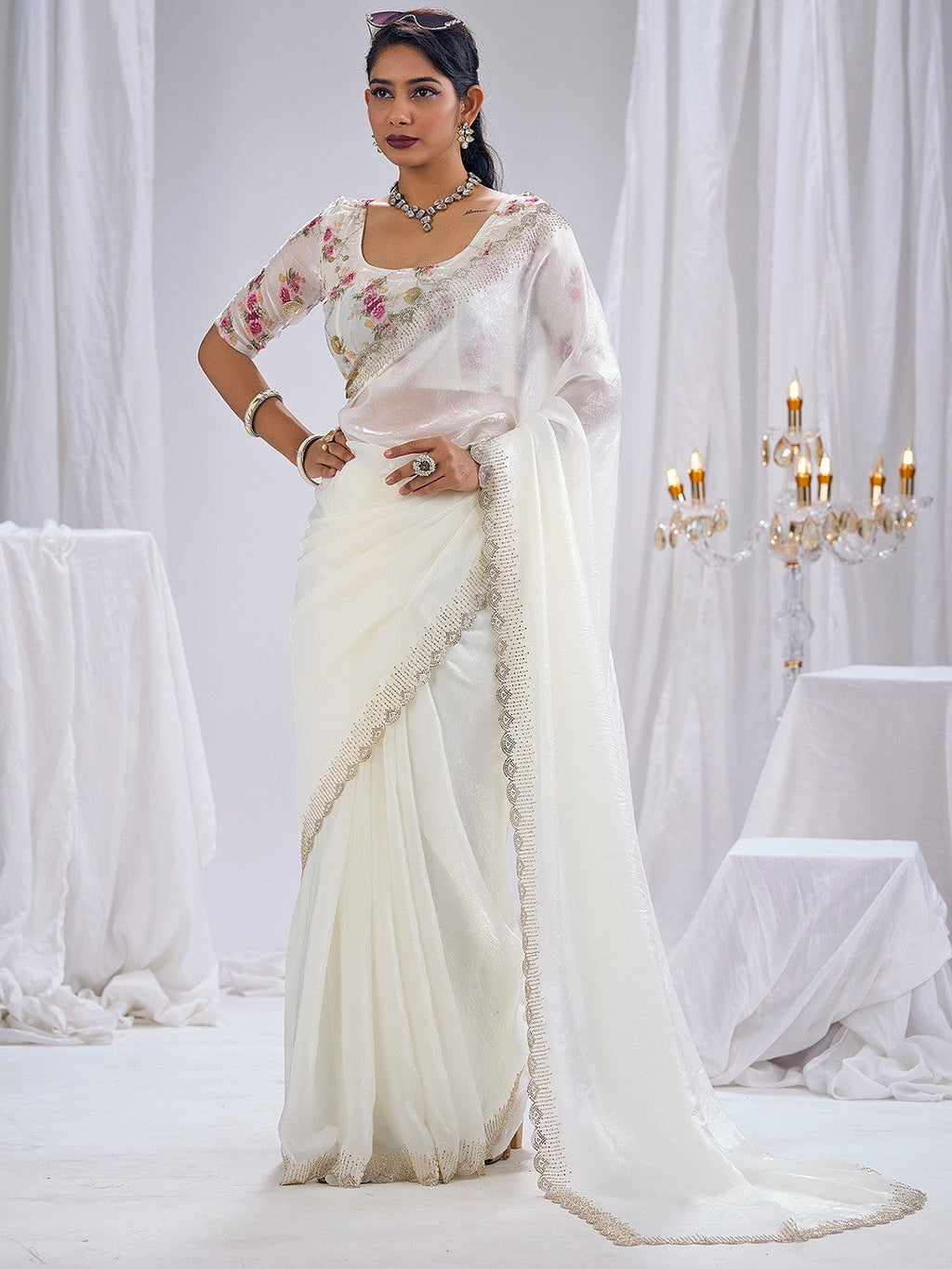 Premium White Art Silk Saree With Stone & Cutdhana Border Embellishment