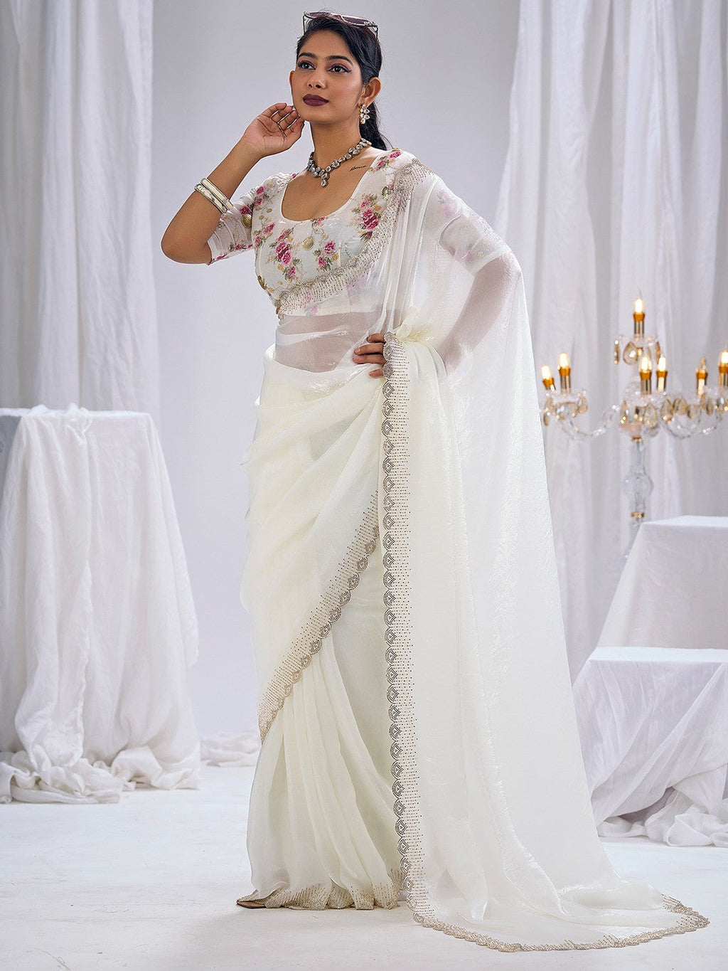 Premium White Art Silk Saree With Stone & Cutdhana Border Embellishment