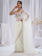 Premium White Art Silk Saree With Stone & Cutdhana Border Embellishment