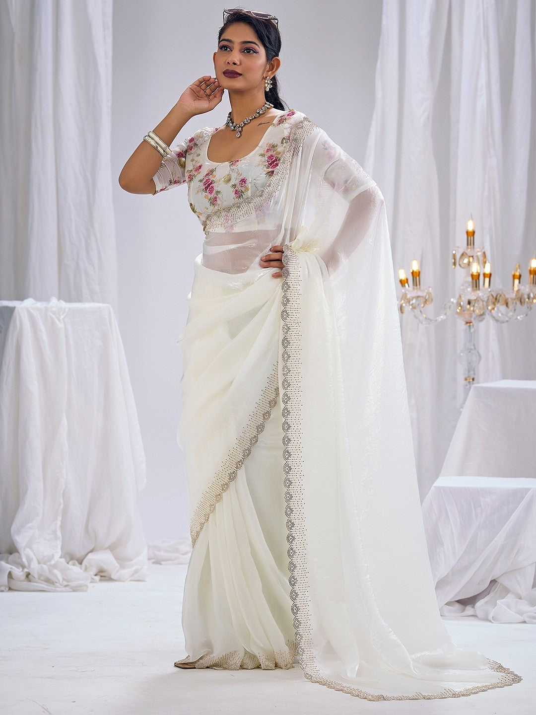Premium White Art Silk Saree With Stone & Cutdhana Border Embellishment