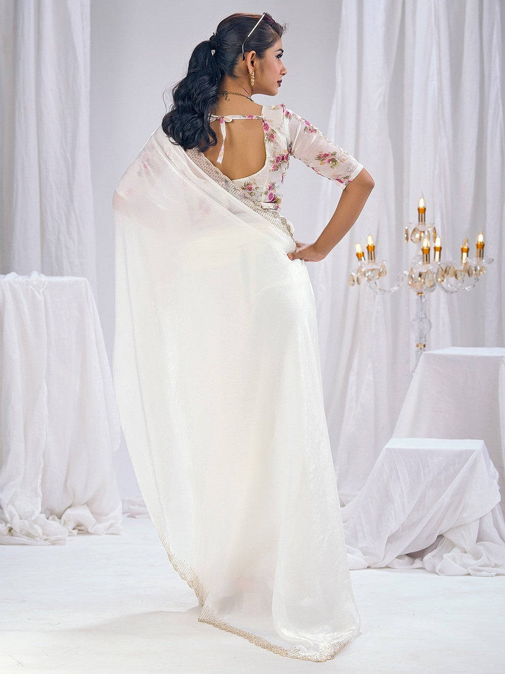 Premium White Art Silk Saree With Stone & Cutdhana Border Embellishment