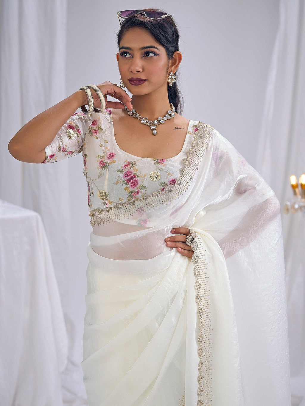 Premium White Art Silk Saree With Stone & Cutdhana Border Embellishment