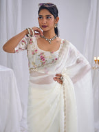 Premium White Art Silk Saree With Stone & Cutdhana Border Embellishment