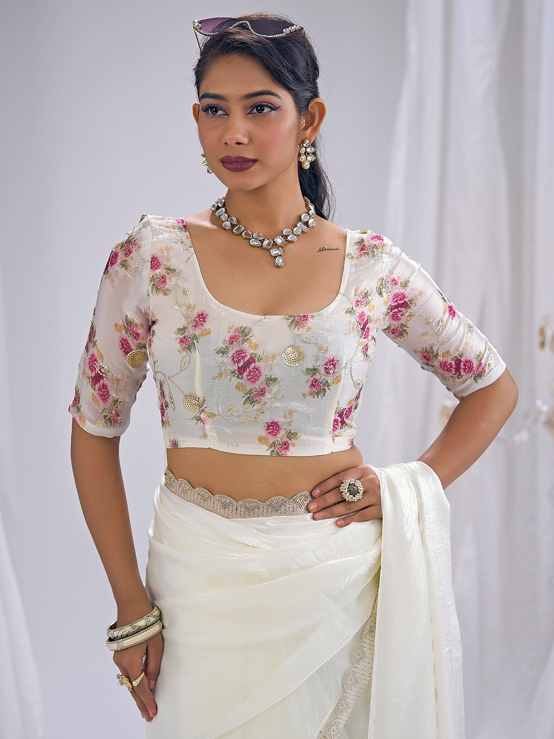 Premium White Art Silk Saree With Stone & Cutdhana Border Embellishment