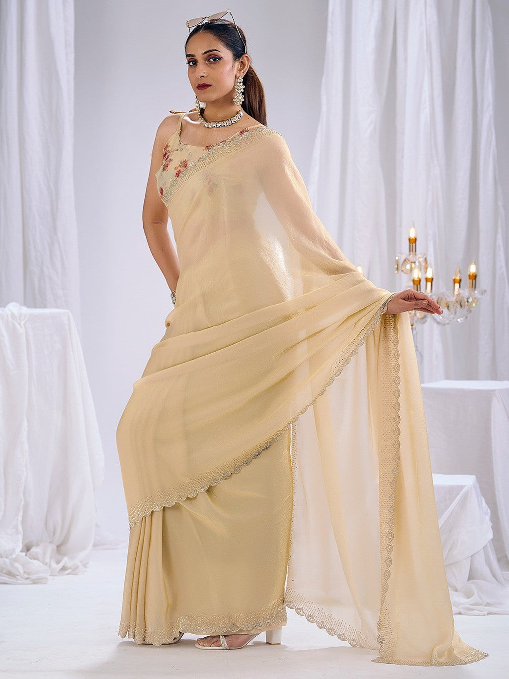 Premium Cream Art Silk Saree With Stone & Cutdhana Border Embellishment