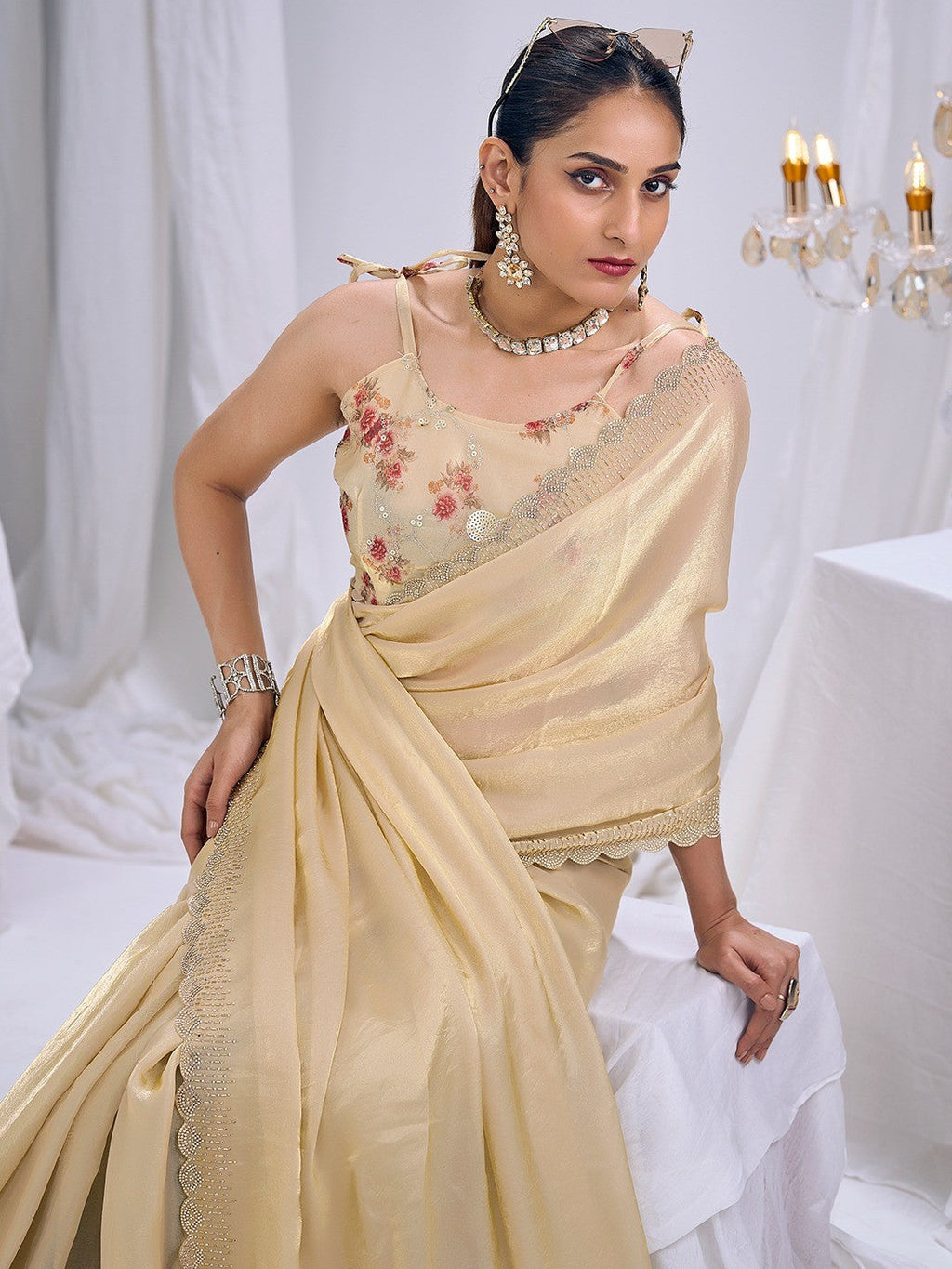 Premium Cream Art Silk Saree With Stone & Cutdhana Border Embellishment