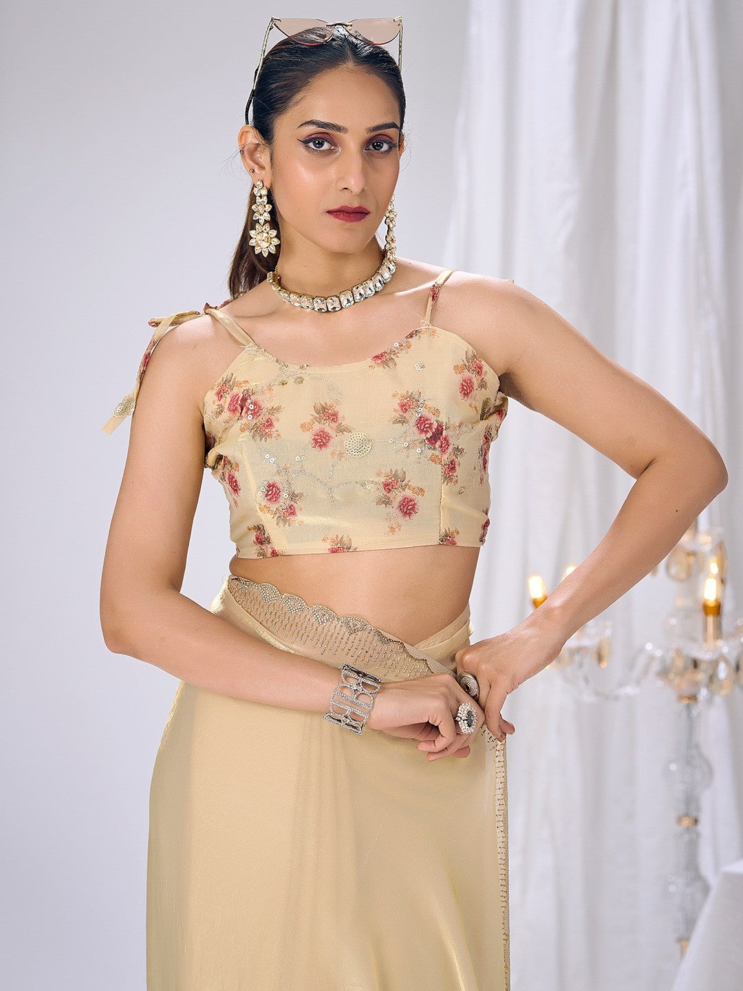 Premium Cream Art Silk Saree With Stone & Cutdhana Border Embellishment