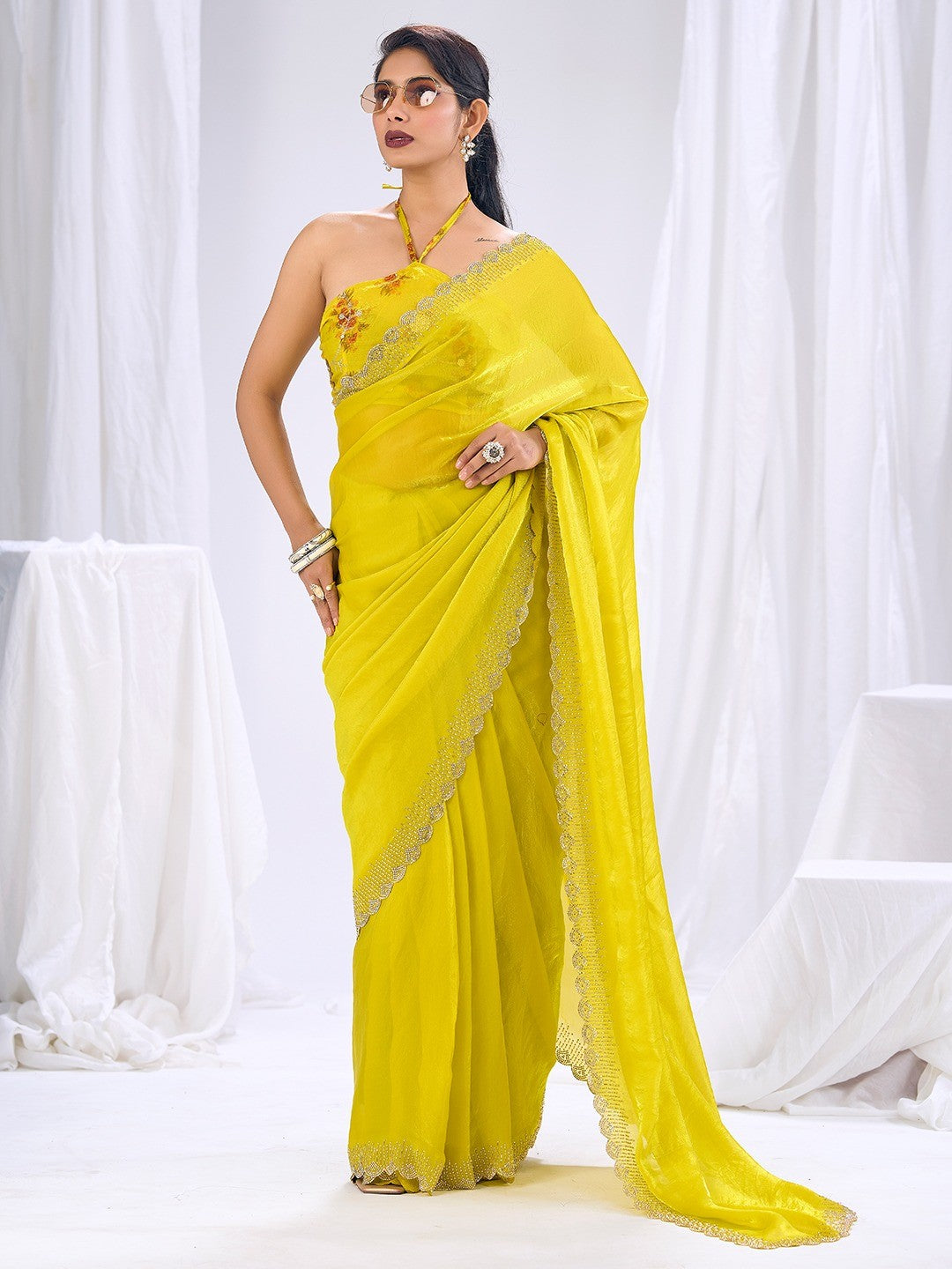 Premium Lemon Yellow Art Silk Saree With Stone & Cutdhana Border Embellishment