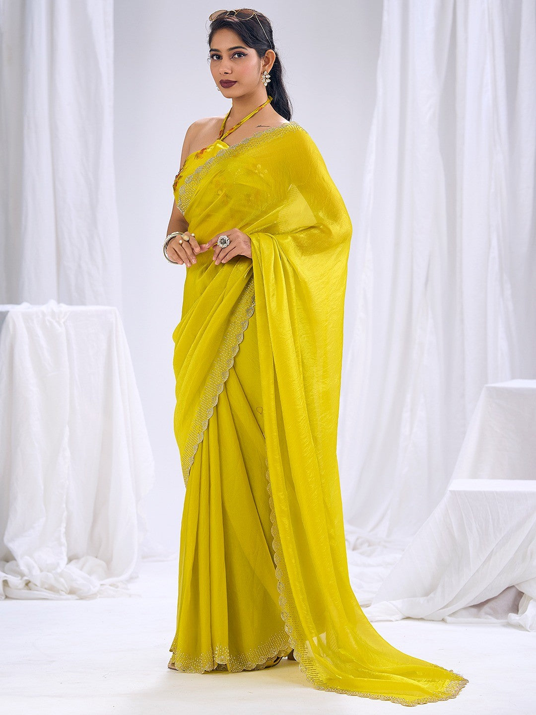 Premium Lemon Yellow Art Silk Saree With Stone & Cutdhana Border Embellishment