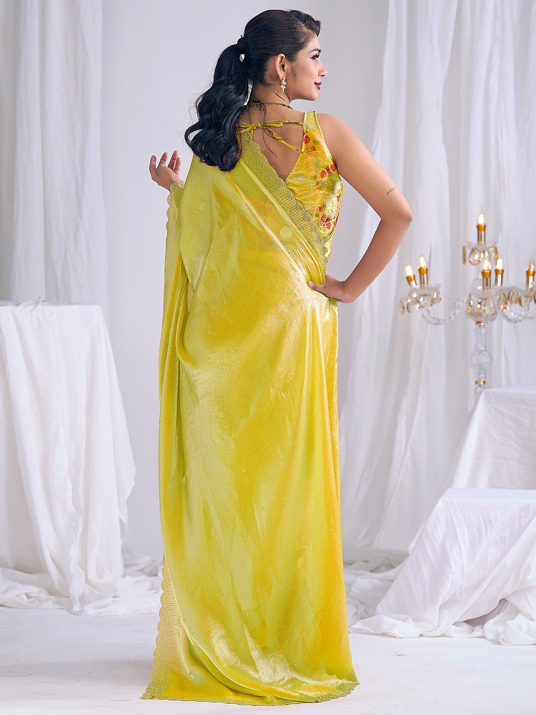 Premium Lemon Yellow Art Silk Saree With Stone & Cutdhana Border Embellishment
