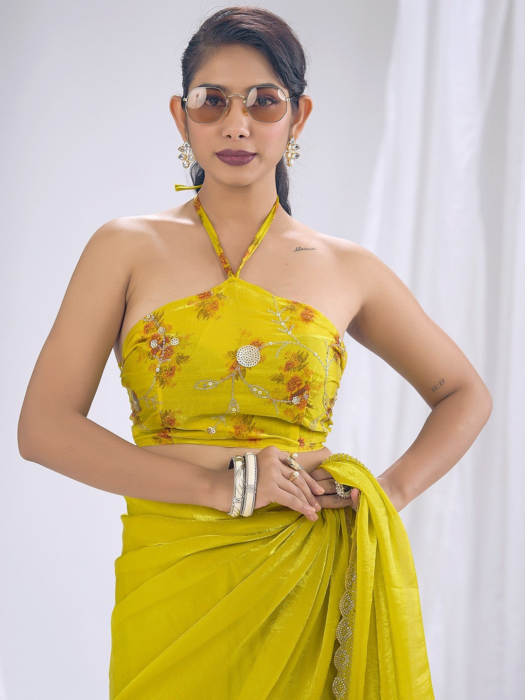Premium Lemon Yellow Art Silk Saree With Stone & Cutdhana Border Embellishment