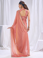 Premium Peach Art Silk Saree With Stone & Cutdhana Border Embellishment