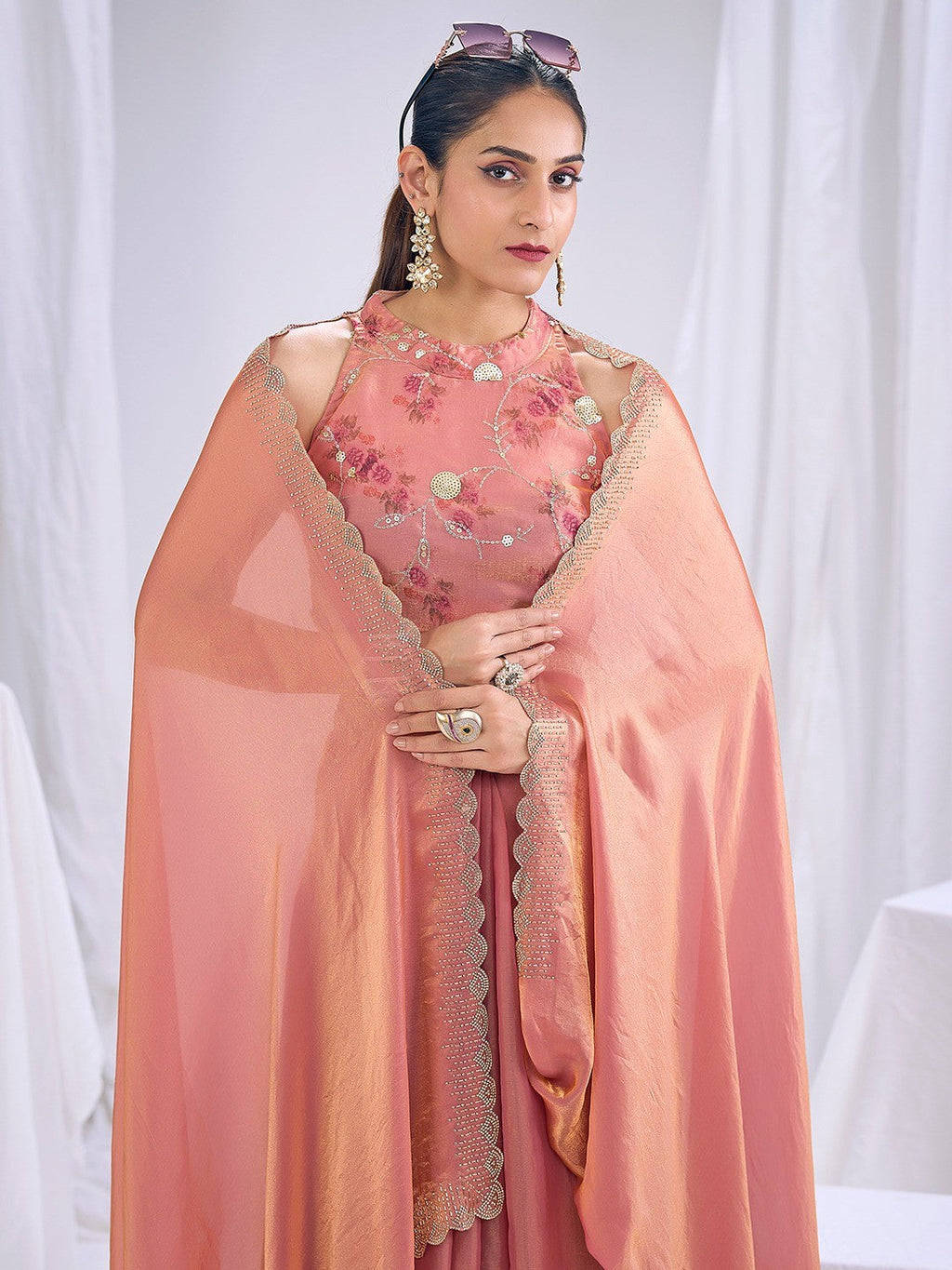 Premium Peach Art Silk Saree With Stone & Cutdhana Border Embellishment