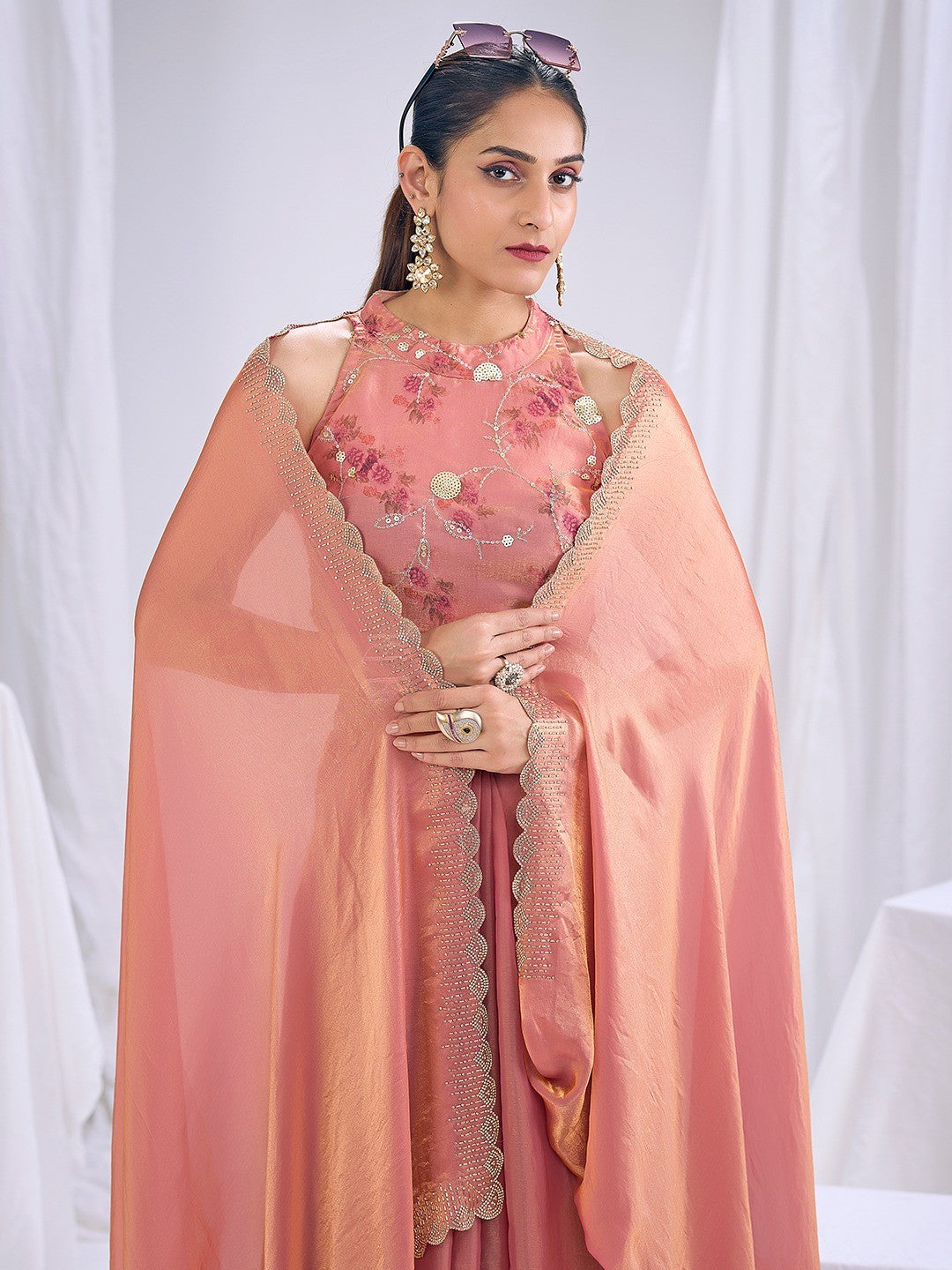 Premium Peach Art Silk Saree With Stone & Cutdhana Border Embellishment