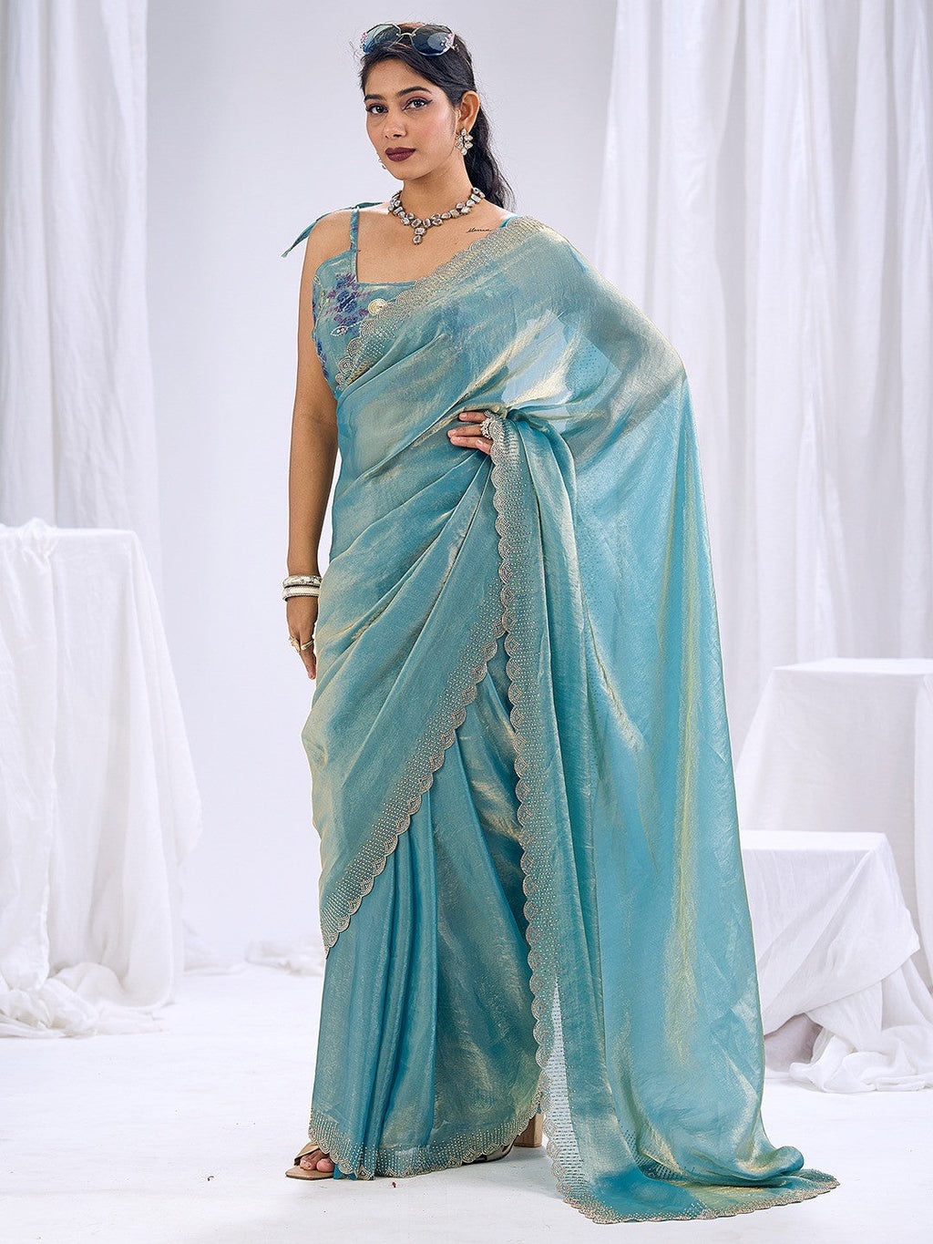 Premium Blue Art Silk Saree With Stone & Cutdhana Border Embellishment