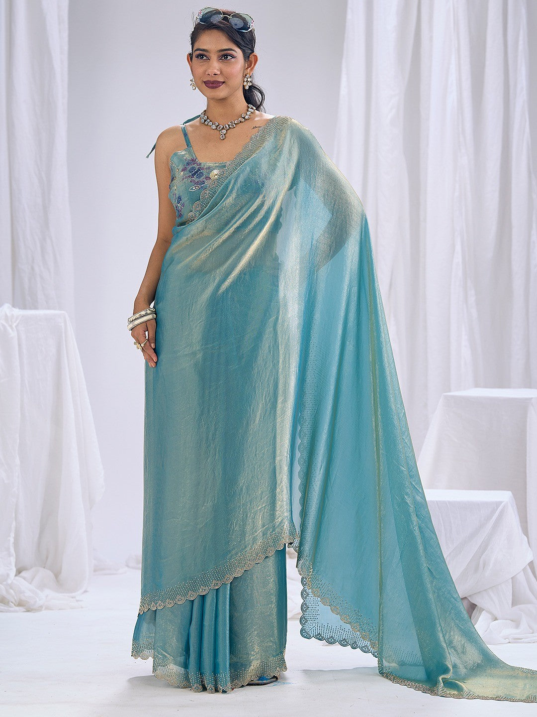 Premium Blue Art Silk Saree With Stone & Cutdhana Border Embellishment