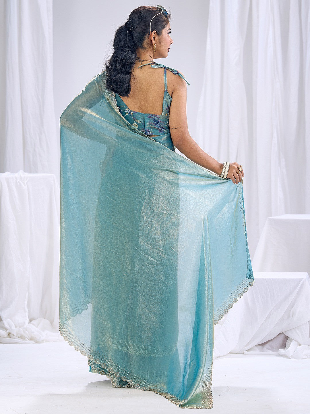 Premium Blue Art Silk Saree With Stone & Cutdhana Border Embellishment