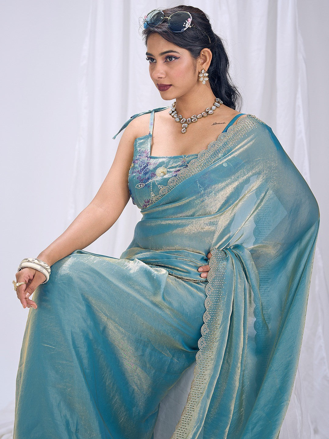 Premium Blue Art Silk Saree With Stone & Cutdhana Border Embellishment