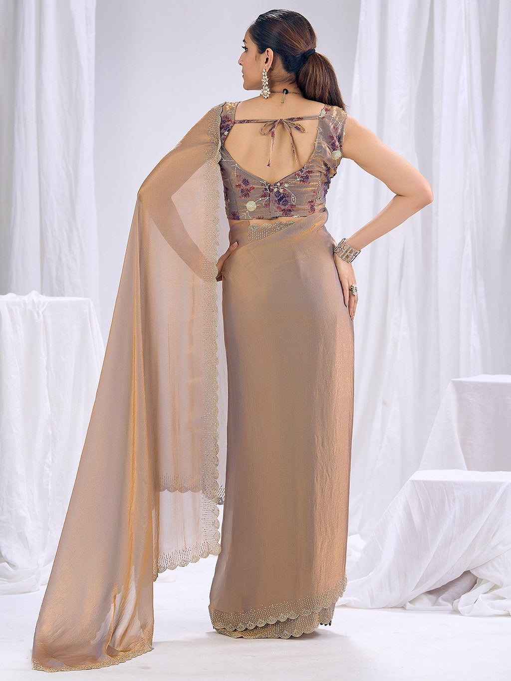 Premium Beige Art Silk Saree With Stone & Cutdhana Border Embellishment