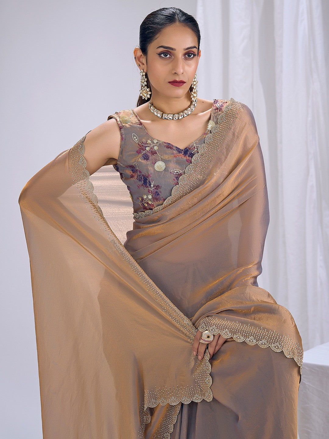 Premium Beige Art Silk Saree With Stone & Cutdhana Border Embellishment