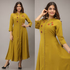 Yellow Floral Embroidered Rayon Long Kurti