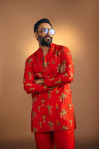 Red Tropical Kurta Set