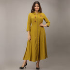 Yellow Floral Embroidered Rayon Long Kurti