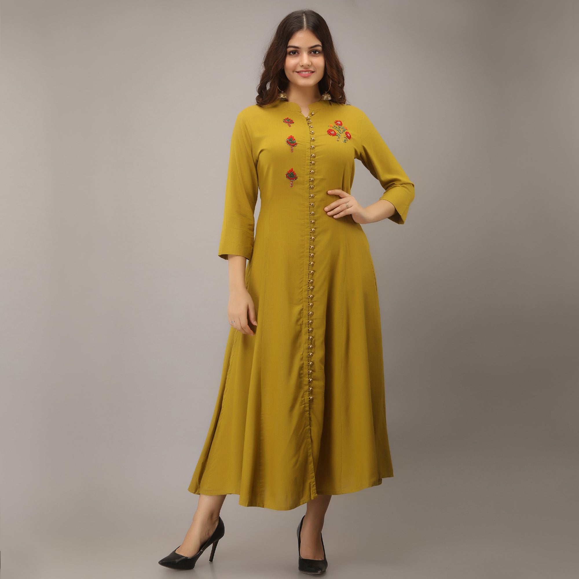 Yellow Floral Embroidered Rayon Long Kurti