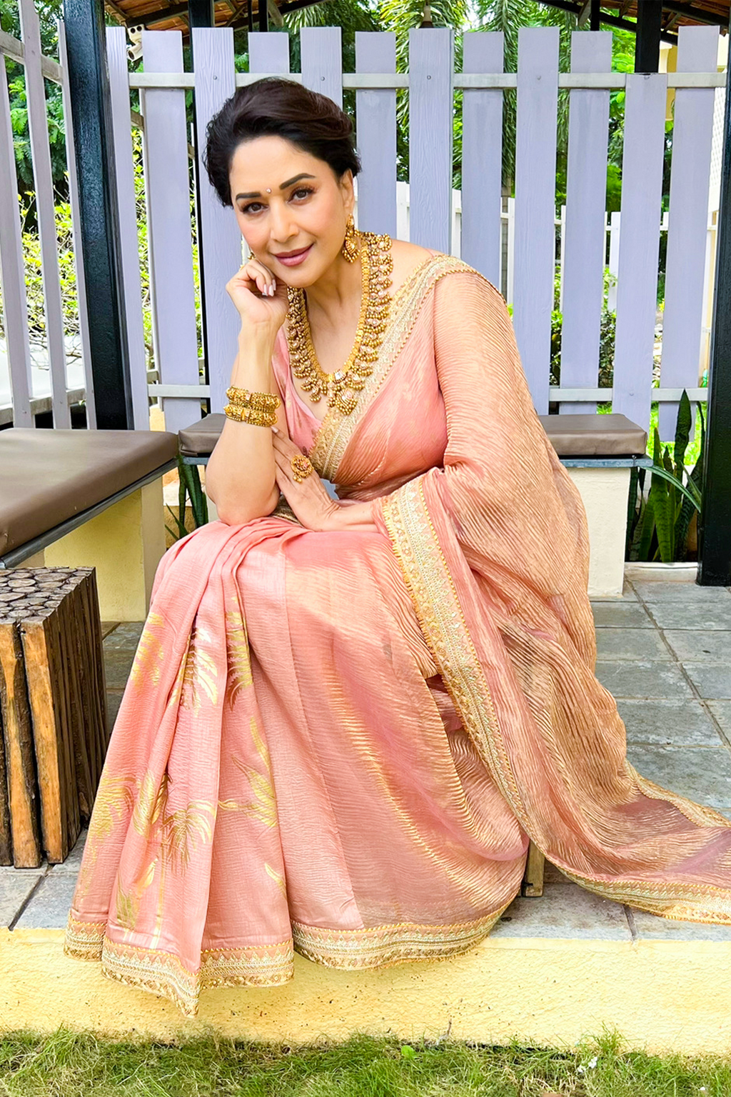 Peach Palm Blooms Tissue Saree
