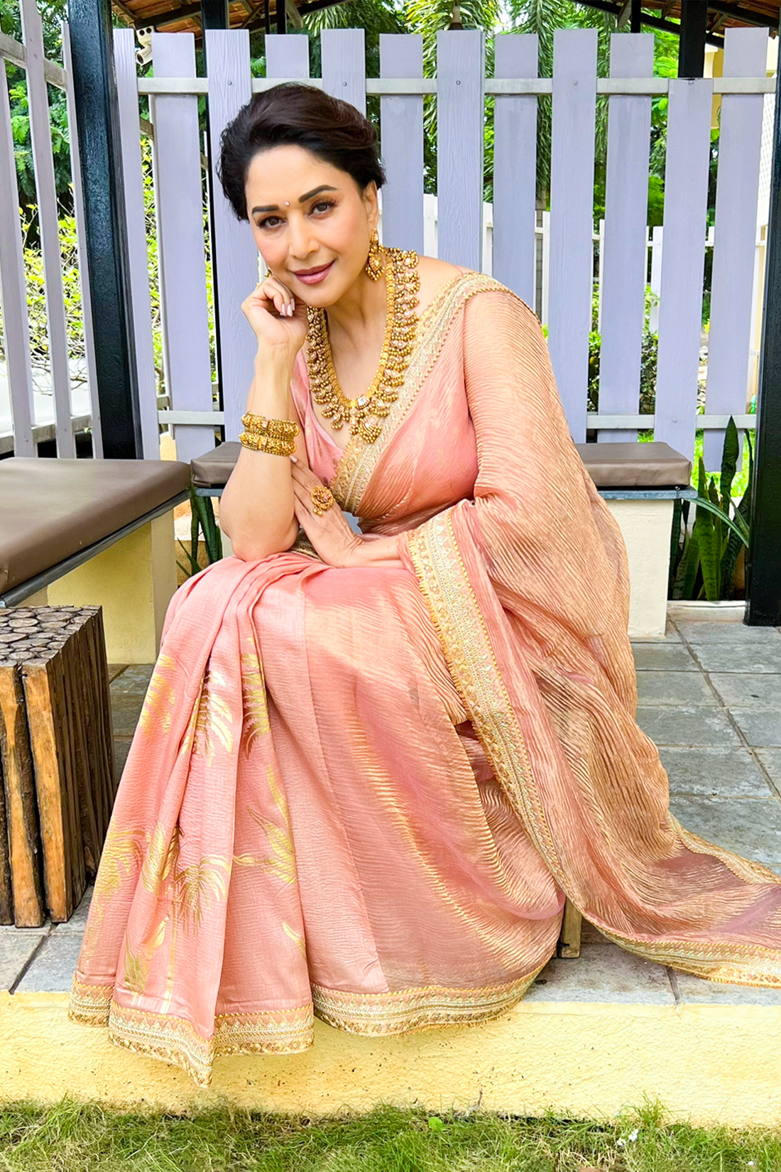 Peach Palm Blooms Tissue Saree