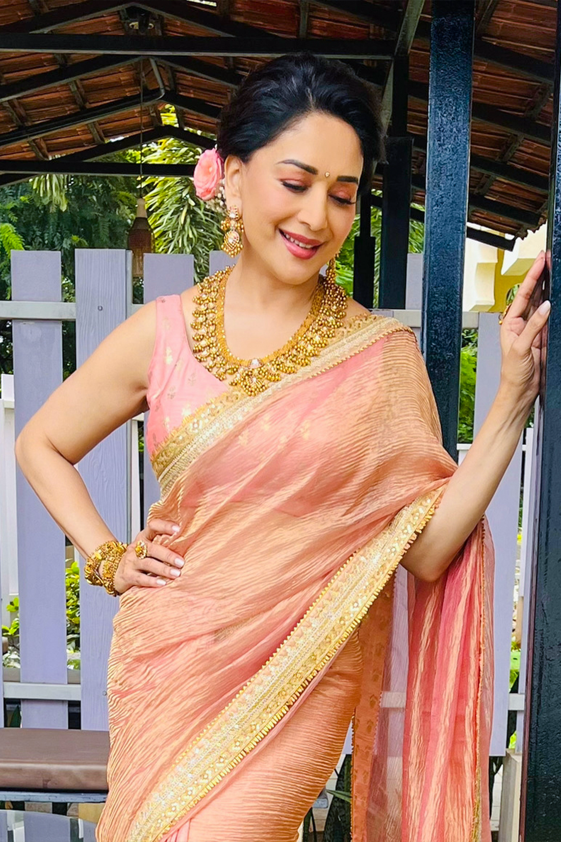 Peach Palm Blooms Tissue Saree