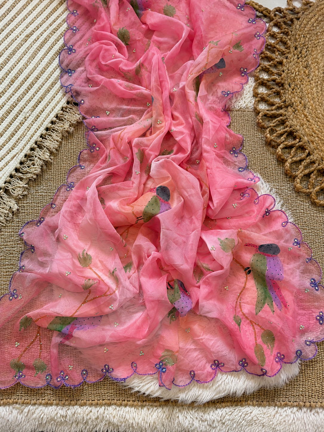 Pink color tabby organza saree with brush printed with khatli work and stone attched [Product Code: 65528]