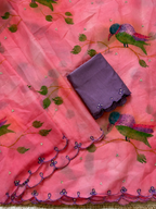 Pink color tabby organza saree with brush printed with khatli work and stone attched [Product Code: 65528]